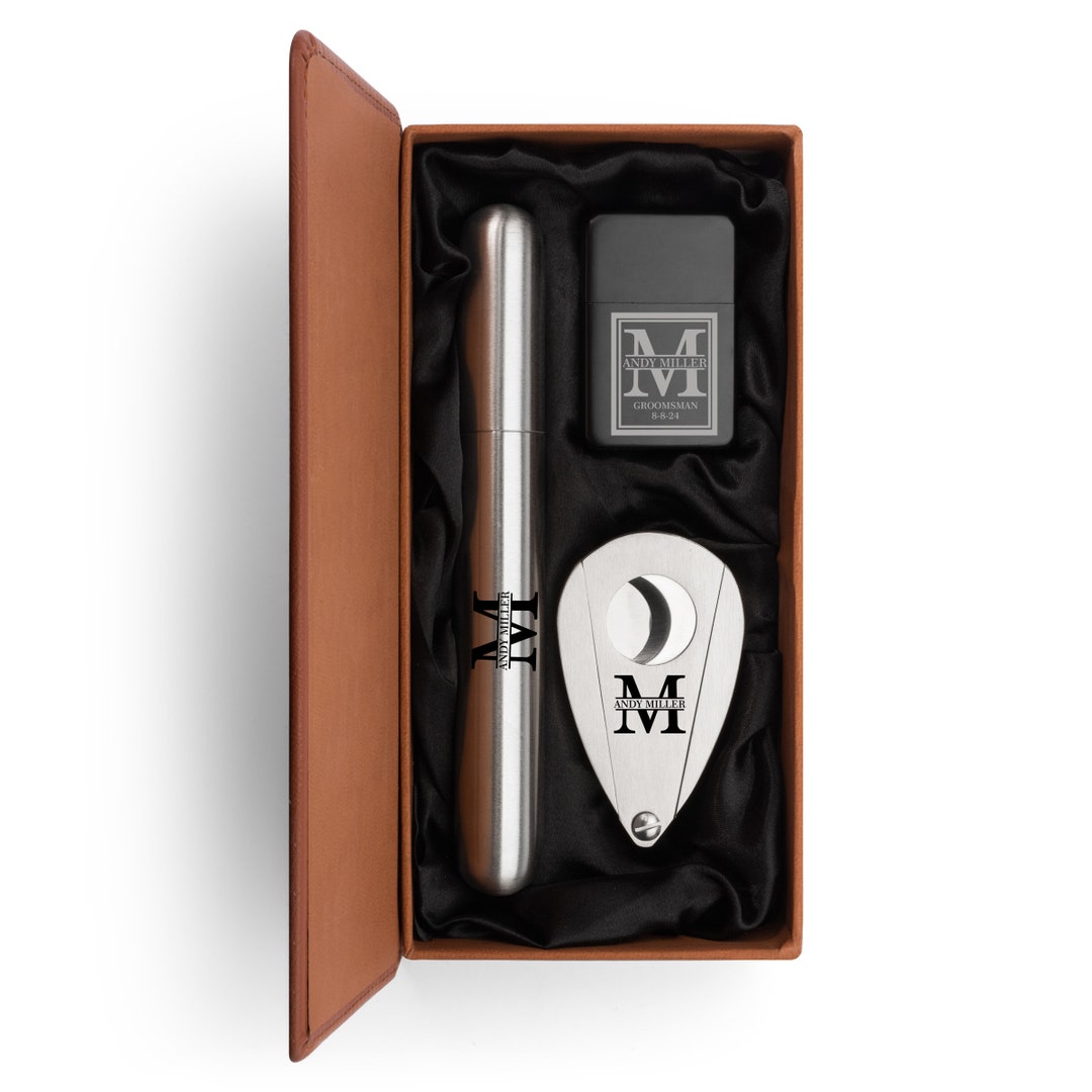 Engraved Stainless Steel Cigar Tube Flask, Cutter, Black Lighter ...