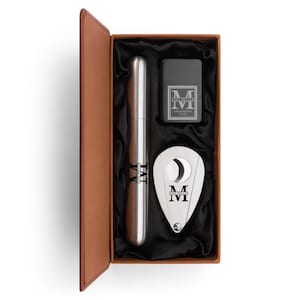 Engraved Stainless Steel Cigar Tube Flask, Cutter, Black Lighter Leather Box Personalized Custom Groomsman Monogram Block Initial Deluxe