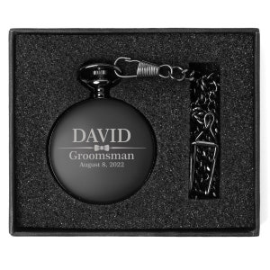 Engraved Matte Black Pocket Watch Personalized Custom Wedding Bow Tie Groomsman Best Man Wedding Party Gift Boxed