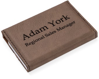 Engraved Brown Leather & Stainless Steel Business Card Holder Case Personalized Custom