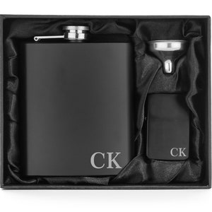 Engraved 7oz Stainless Steel Flask Funnel & Lighter Matte Black Monogram Initials Personalized Custom Groomsman Best Man Groom Wedding Gift