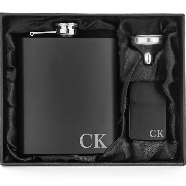 Engraved 7oz Stainless Steel Flask Funnel & Lighter Matte Black Monogram Initials Personalized Custom Groomsman Best Man Groom Wedding Gift