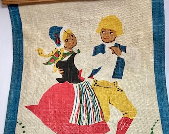 Vintage BONA Scandinavian Wall Hanging Linen Folk Art National Costume Couple Textile