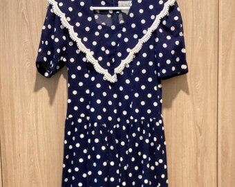 Vintage 80s White Polka Dot Sailor Dress Navy Blue