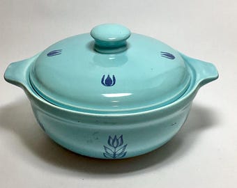 Vintage Blue Tulip Cronin Pottery Two Handled Baking Dish with Lid