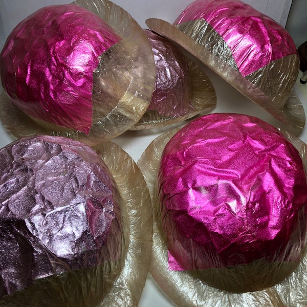 Vintage Kids Birthday Party Hats Bowler Style Hot Pink Lavender Crinkle Foil Plastic Costume