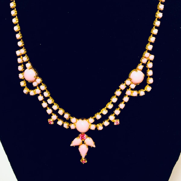 Set of Vintage 1950’s PINK Rhinestone Moonstone Necklace & Earrings Choker Prong Set Stones Unsigned Shabby Chic Rockabilly Hipster