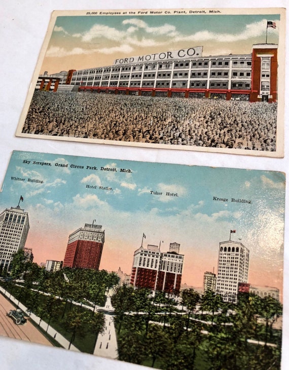 Pair Antique Detroit Michigan Postcard FORD Motor Co Postcard Factory Plant Skyscrapers Kresge Whitney Building Vintage Ephemera