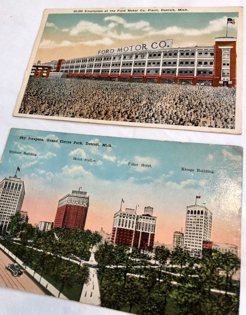 Pair Antique Detroit Michigan Postcard FORD Motor Co Postcard Factory Plant Skyscrapers Kresge Whitney Building Vintage Ephemera