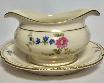 Vintage Castleton China SUNNYVALE Floral Pattern Gravy Boat Dish Gold Trim Made USA