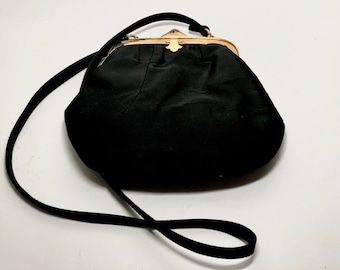 SALE Vintage Black Silk Rodo Purse Italian Evening Bag Gold Tone Brass Frame & Clasp 1960s
