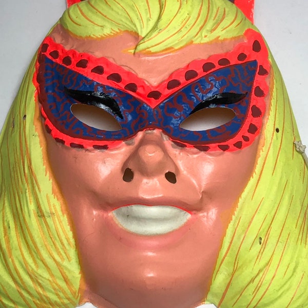 VENTA Vintage Ben Cooper 1970s Halloween Máscara Señora Super Héroe Mujer Heroína Traje Superhéroe Cabello Amarillo BLonde BLondie