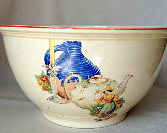 Vintage KITCHEN KRAFT Large Mixing Bowl MEXICAN Pattern Red Rim Homer