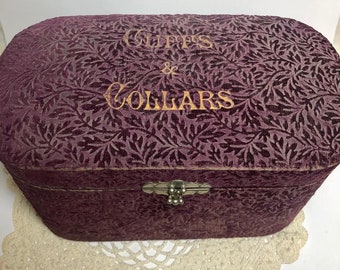 Antique Victorian Cuffs and Collars Box w 2 Sections Burgundy Velvet Leafy Branch Motif w Gold Title and Silver Tone Closure