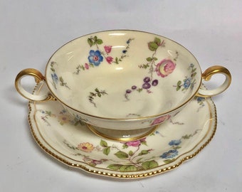 Vintage SUNNYVALE Castleton China Cream Soup Bowl w Saucer Two Handled Gold Trim Floral Pattern