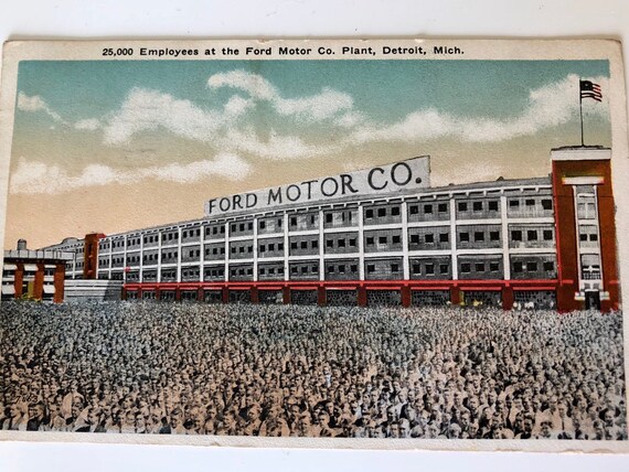 Pair Antique Detroit Michigan Postcard FORD Motor Co Postcard Factory Plant Skyscrapers Kresge Whitney Building Vintage Ephemera