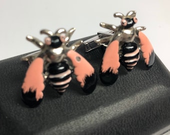 SALE Vintage SWANK Bee Cufflinks Pink and Black Bumble Bees Mid Century Men’s Jewelry