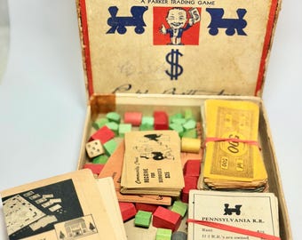 Vintage 1936 Monopoly Game Pieces Cards Money Set in Box
