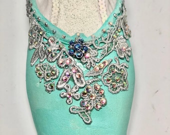 Romantic NUTCRACKER Pointe Shoe Snowflake Ice Queen Aqua Silver Vintage Jewelry Lace Original Decorated Like Elsa or Cinderella