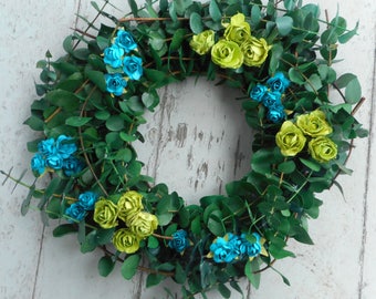 Wreath (10"), Eucalyptus Wreath, Small Wreath, Paper Flowers & Eucalyptus Wreath, Outdoor Wreath, Window Wreath, Front Door Wreath