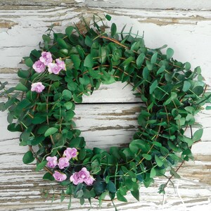 Wreath 10, Eucalyptus Wreath with Flowers, Paper Flowers & Eucalyptus Wreath, Housewarming Gift, Rustic Decor, Front Door Wreath image 1