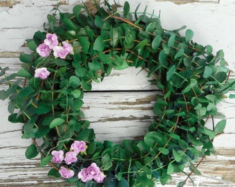 Wreath (10"), Eucalyptus Wreath with Flowers, Paper Flowers & Eucalyptus Wreath, Housewarming Gift, Rustic Decor, Front Door Wreath