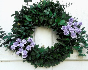 Wreath (10" or 12"), Eucalyptus Wreath with Purple Flowers, Housewarminh Gift