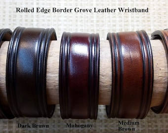 Artisan Handcrafted Rolled Edge Border Groove Leather Cuff Bracelet Wristband