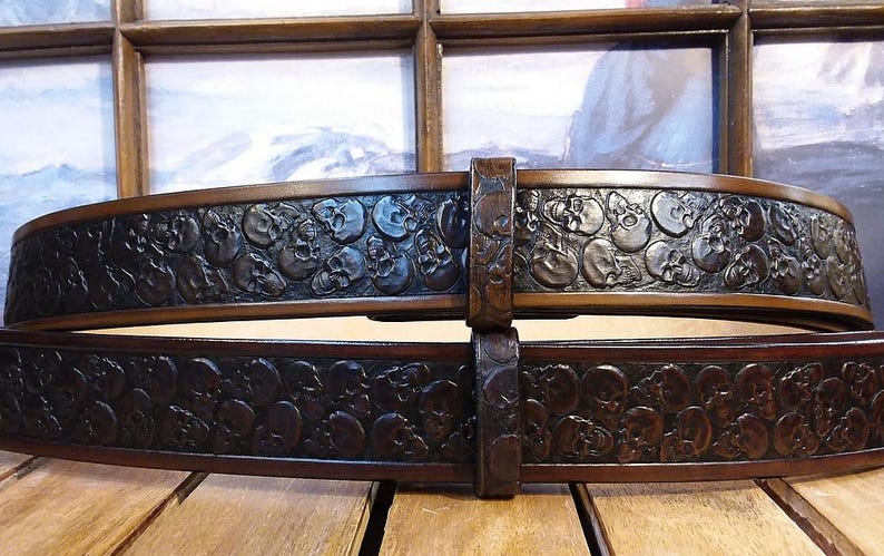 Skulls Embossed in Medium Brown Antique Finish