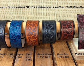 Artisan Handcrafted Skulls Embossed Leather Cuff Bracelet Wristband