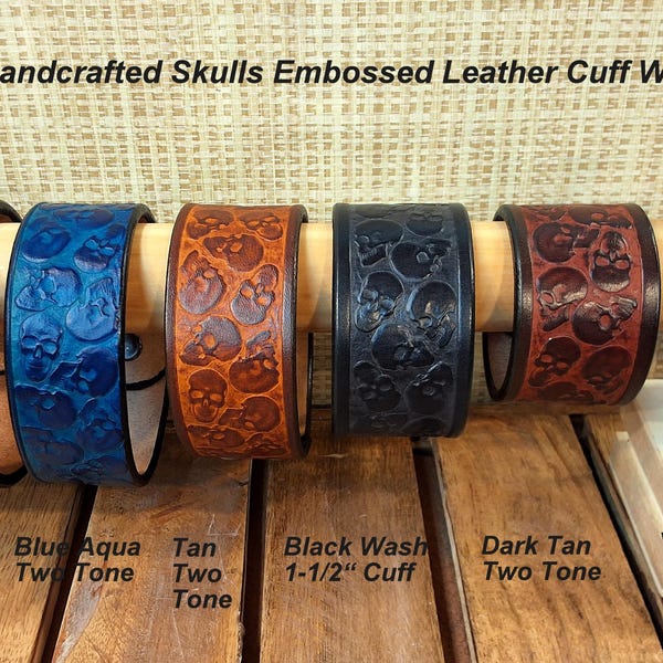 Artisan Handcrafted Skulls Embossed Leather Cuff Bracelet Wristband
