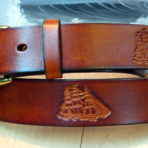 Tooled Clipper Ship Leather Belt