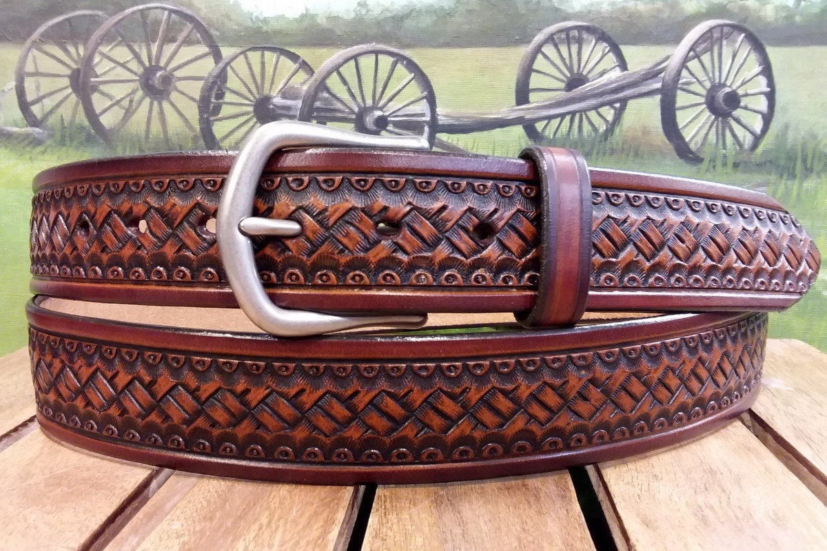 Tooled basketweave Leather Floral Belt - brown Tan handmade Custom Hand Tooled Belt | Floral #1 main image 4