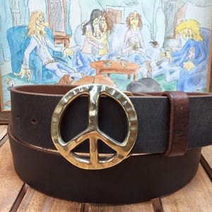 Peace Sign Metal Buckle Leather Belt Made in USA Size Large Accessories | Peace Sign Metal Buckle Leather Belt Made In  main image 4