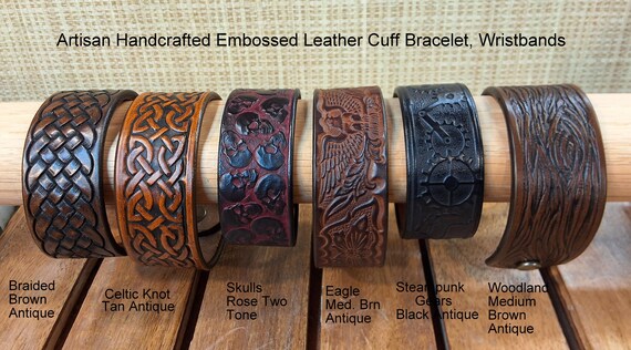 Artisan Handcrafted Embossed Leather Cuff Bracelet Wristband