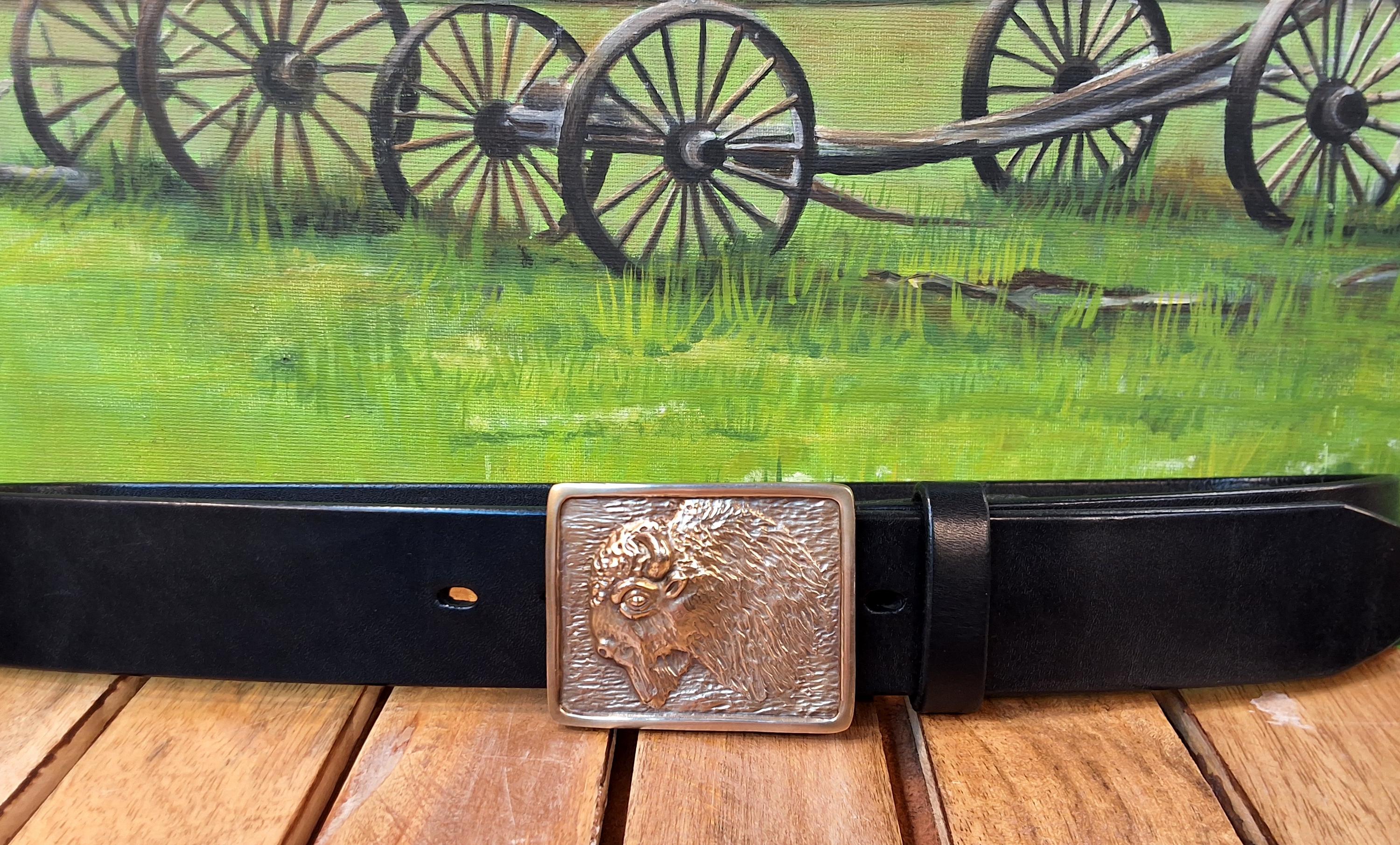 American Bison Genuine Leather Western Belt with Decorative Buckle L Shrunken American Bison Belt – Will Leather Goods main image 2