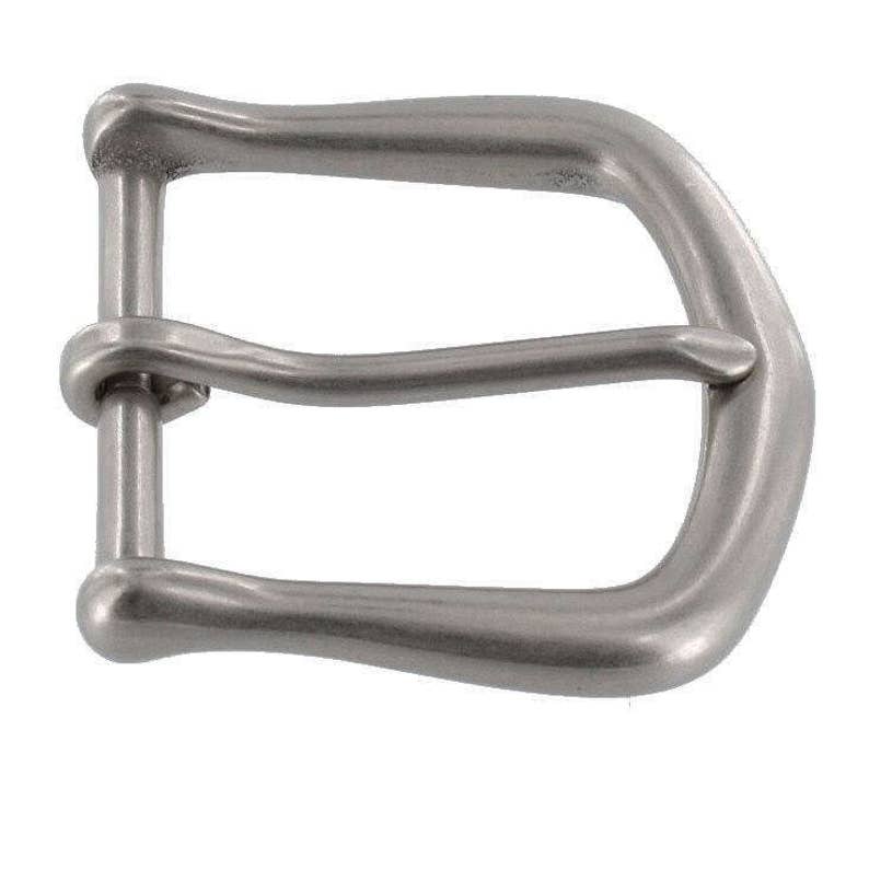 May include: A silver-toned metal buckle with a rounded, curved design. The buckle has a single prong and is designed for a belt.