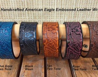 Artisan Handcrafted Embossed American Eagle Leather Cuff Bracelet Wristband