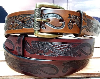 Artisan Handcrafted Dragon Embossed Leather Belt
