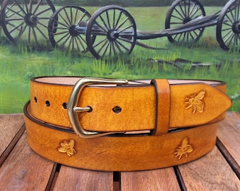 Artisan Handcrafted Beekeeper’s Honey Bee Hand Tooled Leather Belt