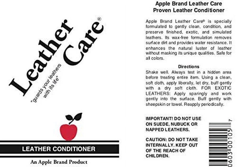 May include: A bottle of Apple Brand Leather Care Proven Leather Conditioner. The bottle has a red apple logo and the text "Leather Care" in a black and white logo. The bottle is labeled with instructions for use and a warning to keep out of reach of children.
