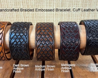 Artisan Handcrafted Braided Embossed Leather Cuff Bracelet, Wristband