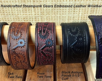 Artisan Handcrafted Steampunk Gears Embossed Leather Wristband