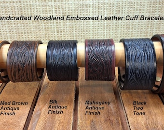 Artisan Handcrafted Embossed Woodland Leather Cuff Bracelet Wristband