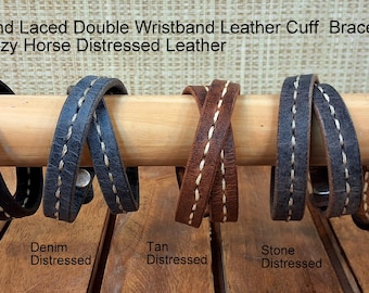 Artisan Handcrafted Hand Laced Thin Double Wristband Leather Cuff  Bracelet