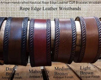 Artisan Handcrafted Nautical Rope Edge Embossed Leather Cuff Bracelet Wristband