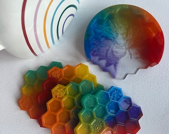 Posavasos de resina / Posavasos de abeja arcoíris / Juego de posavasos de resina / Posavasos de resina arcoíris