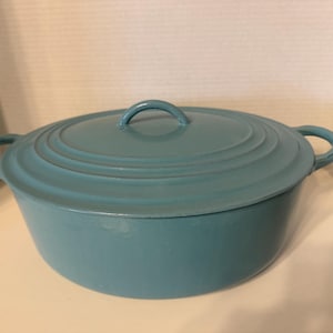 Puede incluir: Una olla holandesa de hierro fundido de color turquesa, de forma ovalada, con tapa a juego. La tapa tiene un asa de bucle y anillos concéntricos. La olla tiene dos asas laterales. Esta batería de cocina es adecuada para varios métodos de cocción.