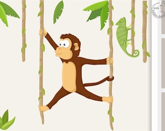 wall decal "monkey on liana with Chameleon" nursery, jungle