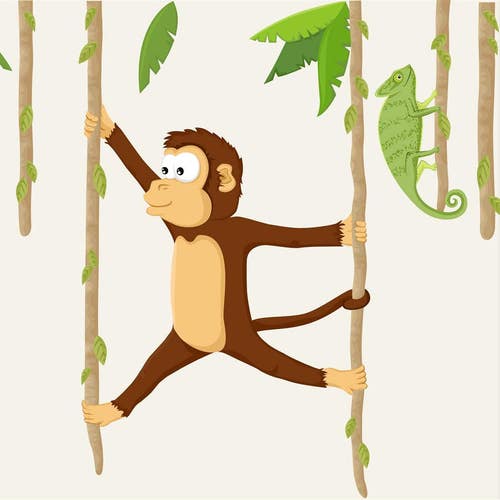 wall decal "monkey on liana with Chameleon" nursery, jungle